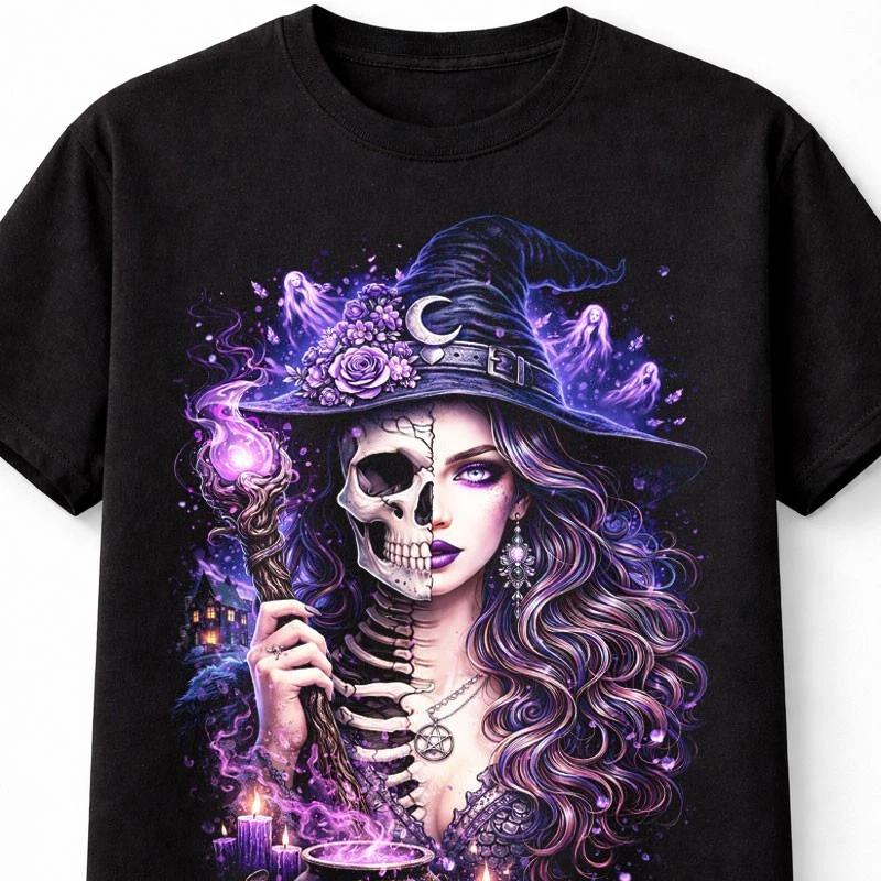 Witch T Shirt Skull Skeleton Occult Dark Fantasy Unisex Black Graphic Tee S5XL S
