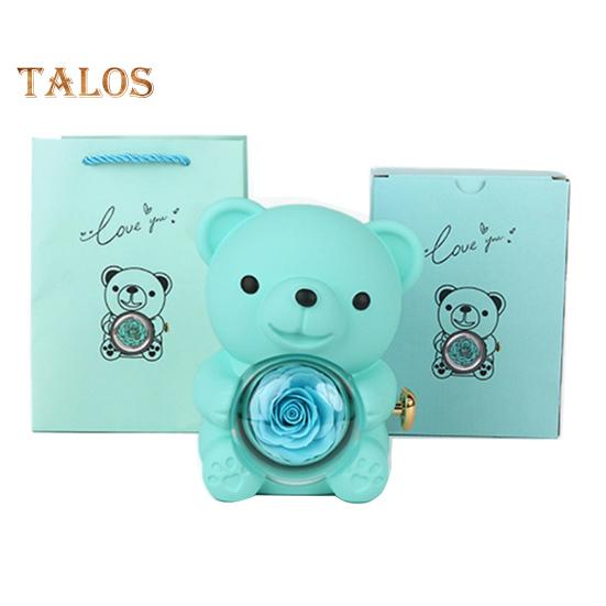 Preserved Rose Hug Bear Gift Box with Handbag Eternal Flower Rotating Bear Jewelry Holder for Women Valentine's Day Anniversary
