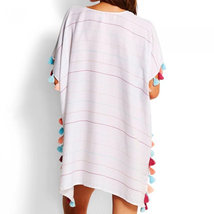 Women Tassel Dress Summer V Neck Ladies Blouse Shirt Swimming Tops Striped Bikini Cover Up