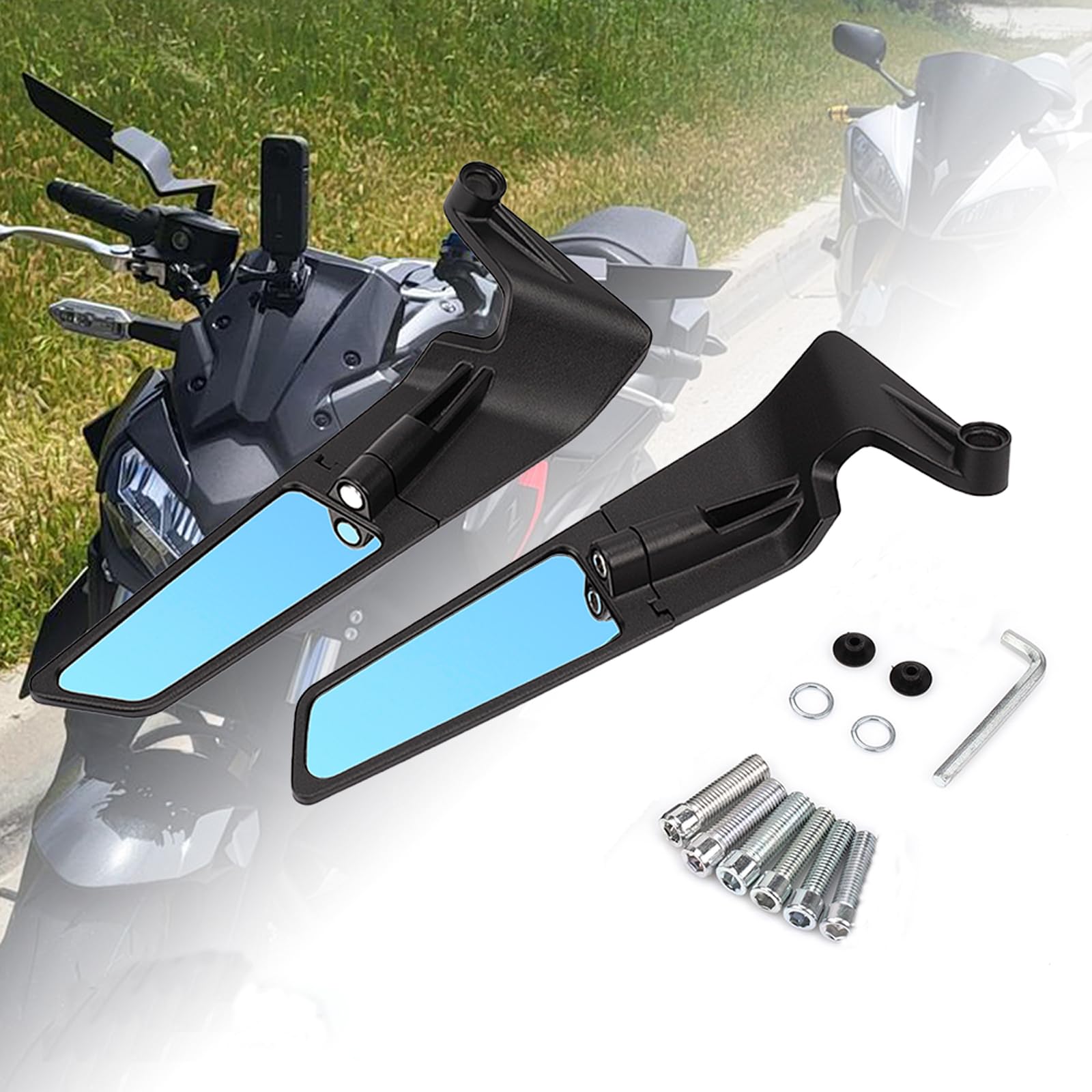RACEAST Motorcycle Mirrors, Left and Right Set, Adjustable, Rotating, Stealth Wing, Anti-Glare Blue, Suitable for Street Bikes, Compatible Models: CB6