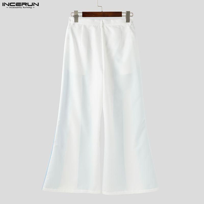 INCERUN S-5XL Men Casual Zip-up Waist Striped Long Flare Pants Trousers