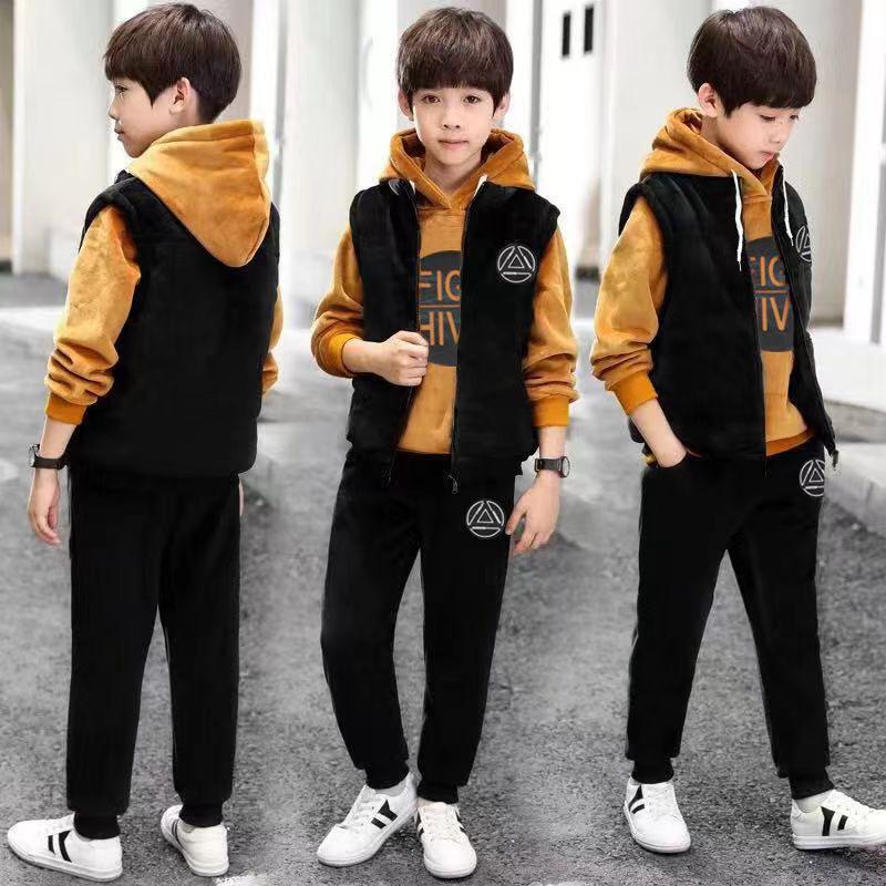 Ensemble de Sport Hivernal pour Garçons 3 Pièces/Ensemble Costume d'Enfant Gilet à Capuche + T-shirts + Pantalon Vêtements de Sport pour Garçons Enfants Survêtement