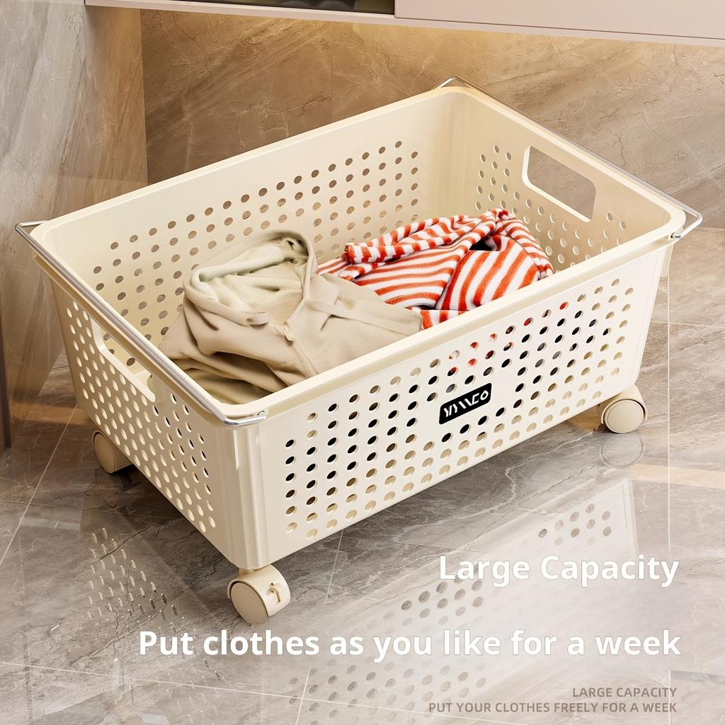 Rolling Laundry Basket with Wheels Waterproof Plastic Mesh Toy Clothes Storage Bin Bathroom Organizer Cart