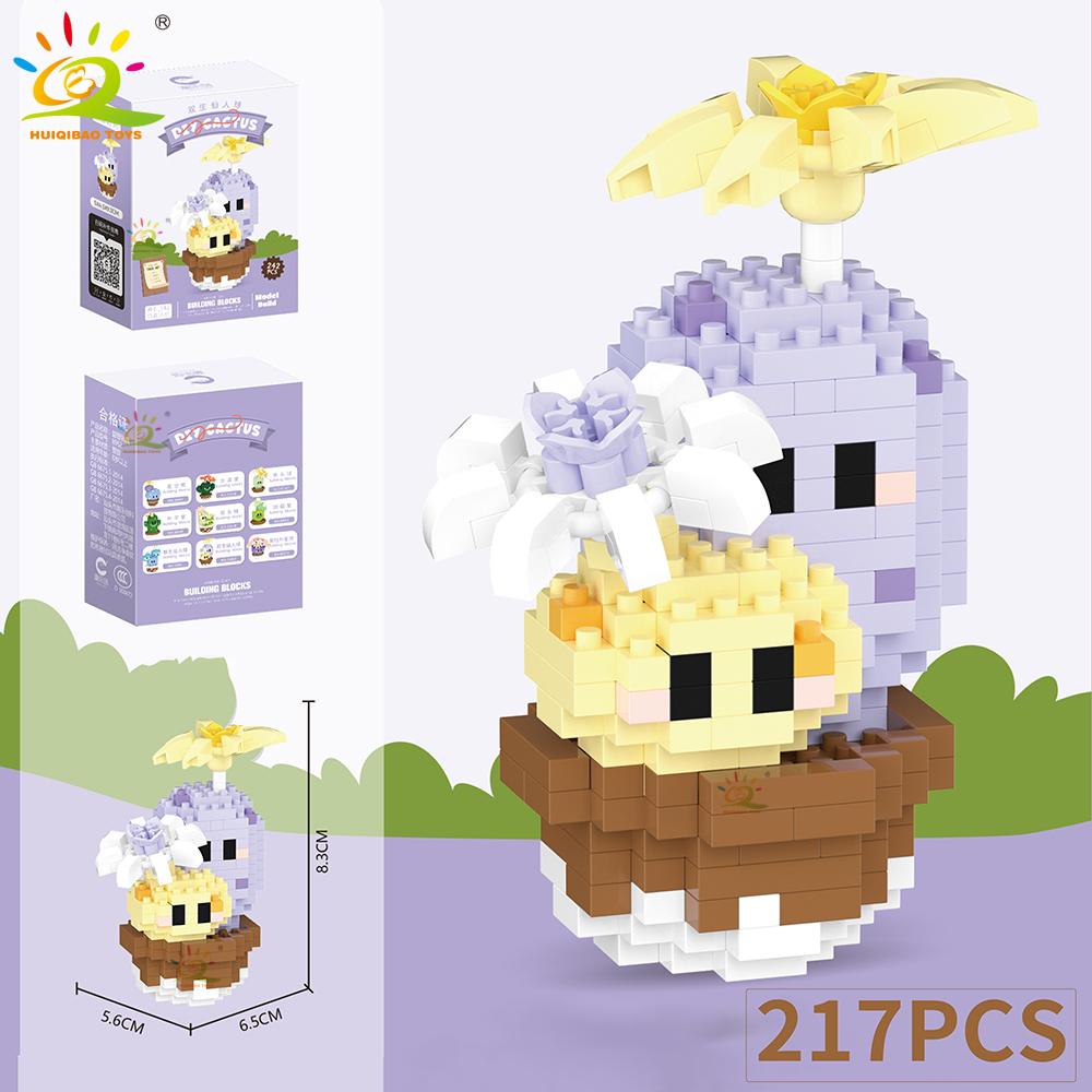 HUIQIBAO Mini MOC Cactus Potted Plant Micro Building Block 3D Diamond Flower Desk Decoration Model Brick DIY Toys for Children