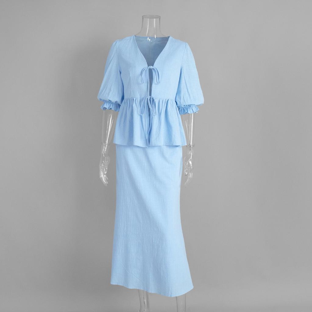 Summer New V-neck Short Sleeve Ruffled Trim Long Midi Skirt Two Piece Set Outfit Women's Casual European American Style