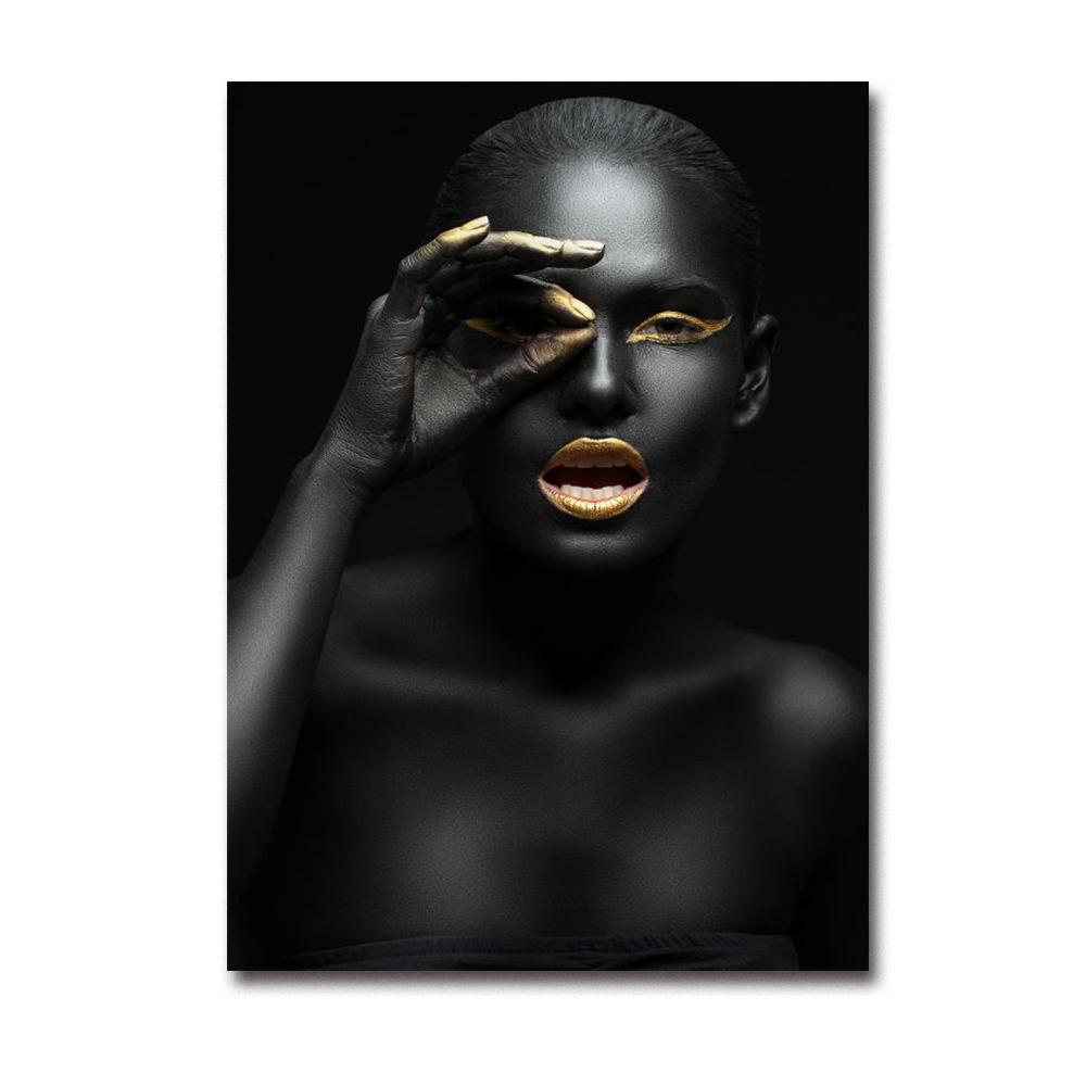 Modern Home Black Skin Woman Golden Makeup Modeling Canvas Painting Wall Art Poster Prints Bedroom Living Room Decoration Murals