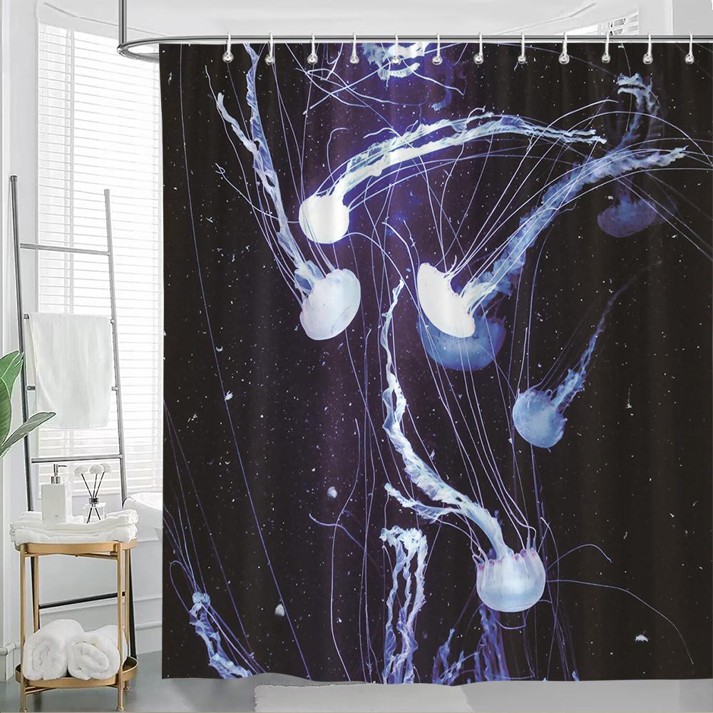 1pc Glowing Jellyfish Shower Curtain - Serene Deep Sea Design with Blue Glowing Jellyfish in Dark Water, Stylish Bathroom Decor, 90x180cm35x71in