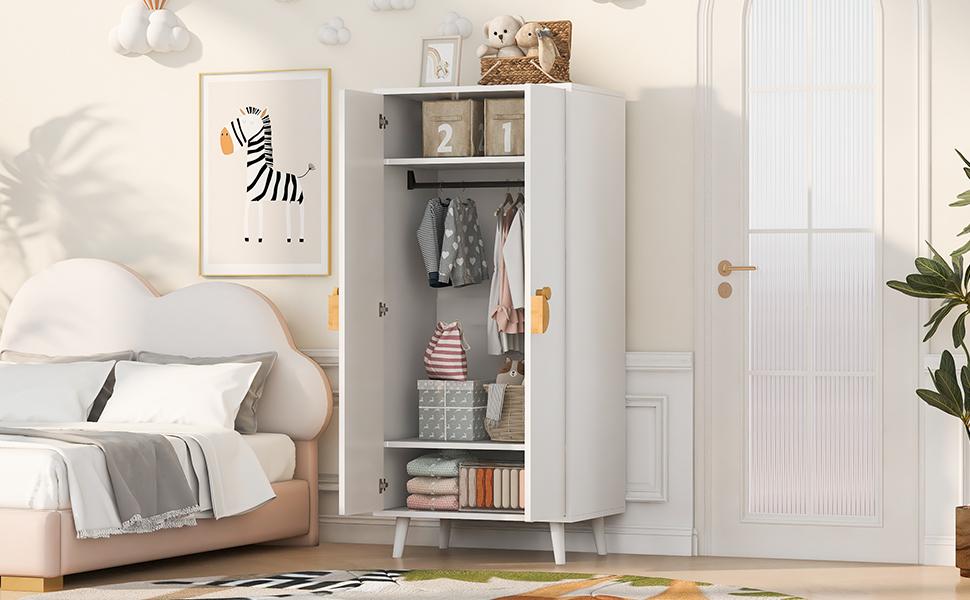 Wardrobe 70 × 55 × 170 Cm, Double Door Design with Large Storage Compartments, Cartoon-shaped Handles and Raised Feet, White