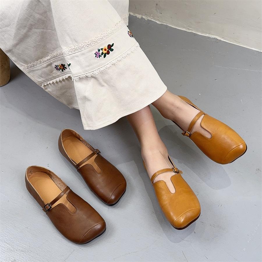 Johnature Square Toe Belt Buckle Soft Soled Shoes Genuine Leather Commuting Shallow Women's Flat Shoes