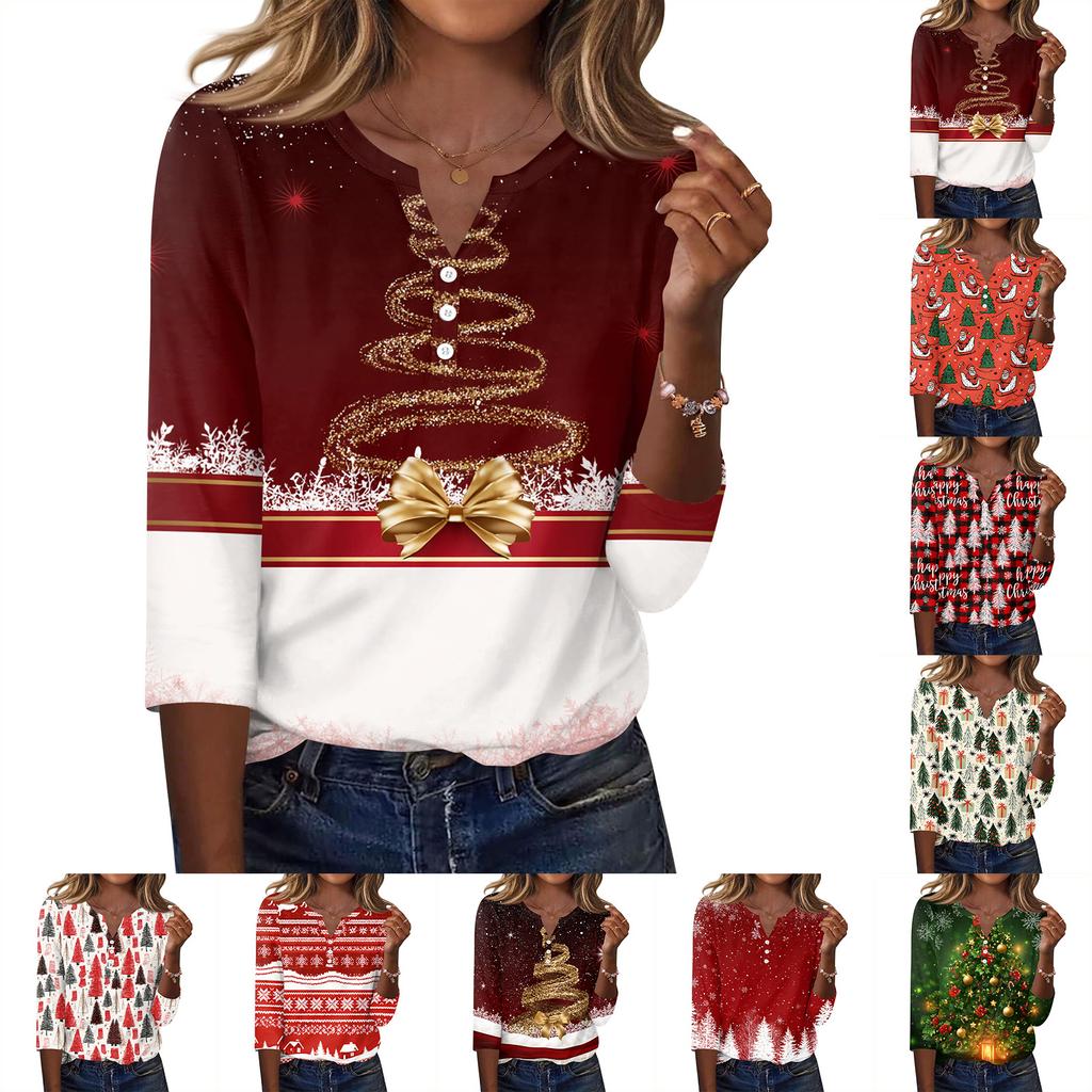 Women's Fashion Casual Christmas Print V-Neck Button Three-Quarter Sleeve T-Shirt Top