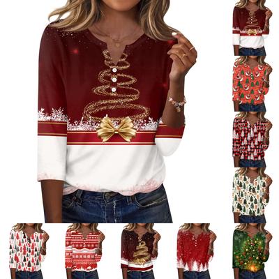 Women's Fashion Casual Christmas Print V-Neck Button Three-Quarter Sleeve T-Shirt Top
