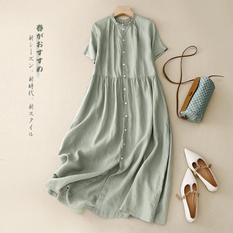 2025 summer fungus collar short-sleeved cotton and linen dress women's casual loose can wear cardigan big swing dress front and rear