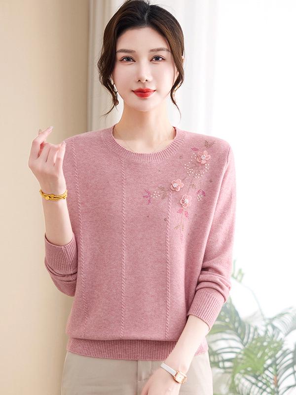 

Mom s Spring Chic Knit Top: Fashionable Round Neck Long Sleeve Sweater for Middle-Aged & Elderly Women M (85-105 lbs) розовый