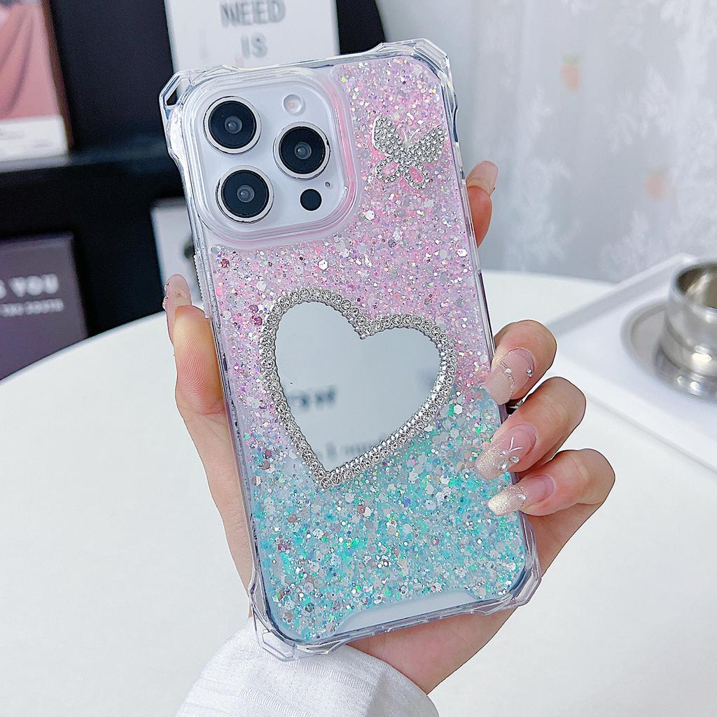 For iPhone 16 Pro Case with Heart Mirror Epoxy Glitter TPU+Acrylic Phone Back Cover