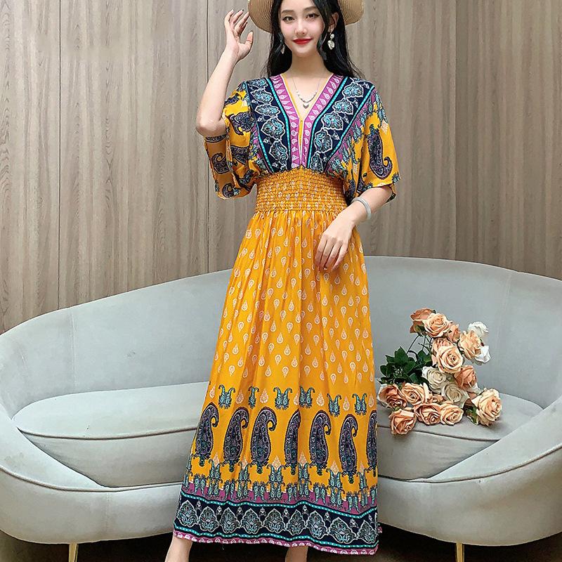 Dame Casual Blomstret V-halskjole Irregulær Tone Casual Rund hals Lang