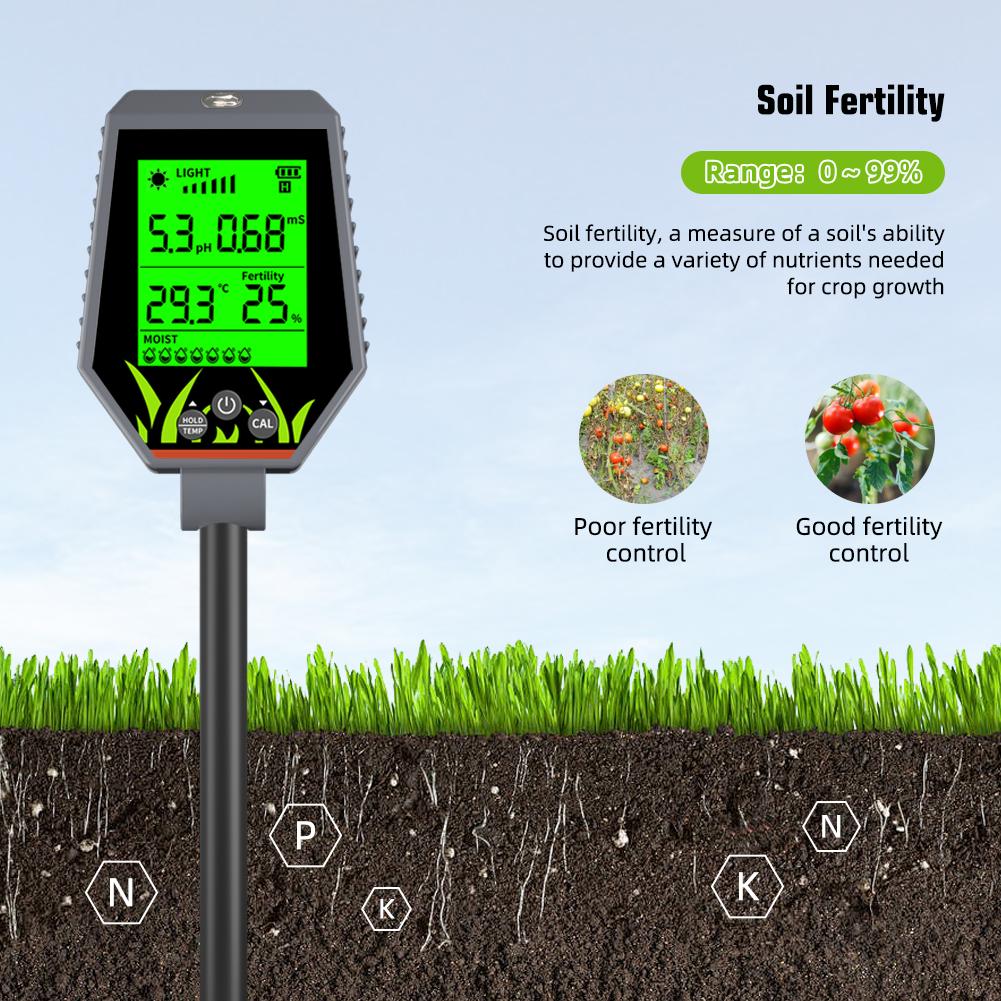 Yieryi 6-in-1 Digital Soil Tester Meter for PH,Moisture,Fertility,TempSunlight&Humidity Portable Soil Nutrient Analyzer with LCD