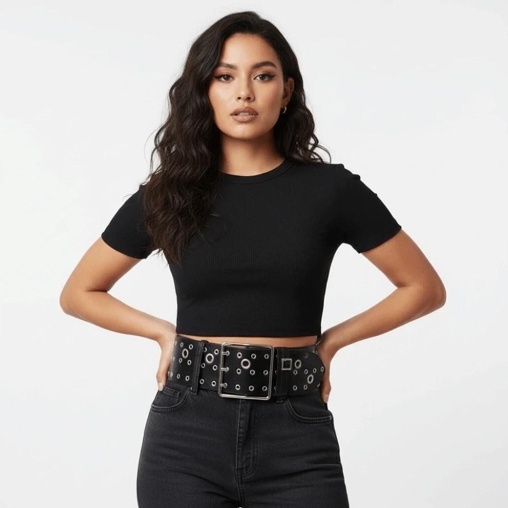 Personalized Design Hollow Rivet Wide Belt Three Row Needle Buckle Black Leather Waistbands  Party