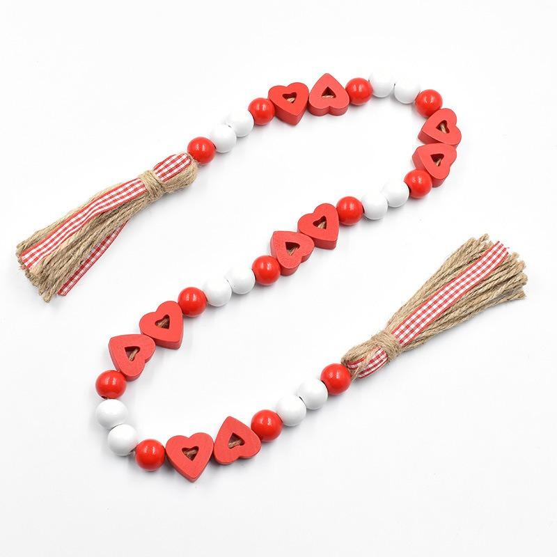 

Valentine s Day Hemp Rope Tassel Bead Ornament, Heart Wood Bead Flower Ring Bead String, Wedding Decoration Hanging, Home Decora