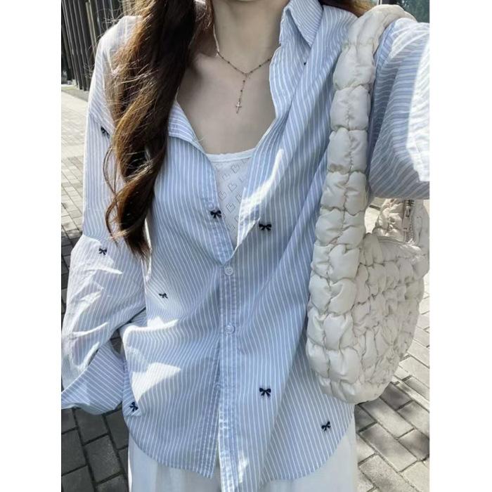 

Свободная, непринужденная и повседневная рубашка с длинным рукавом с принтом в синюю и белую полоску и бантом для женщин в весеннем корейском стиле 2XL синий