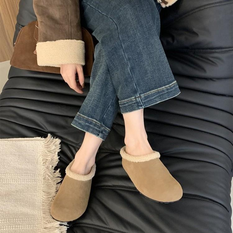Soft leather version~ platform-soled Boken shoes slippers women's shoes wear 2024 autumn and winter plush half-toboken single shoes