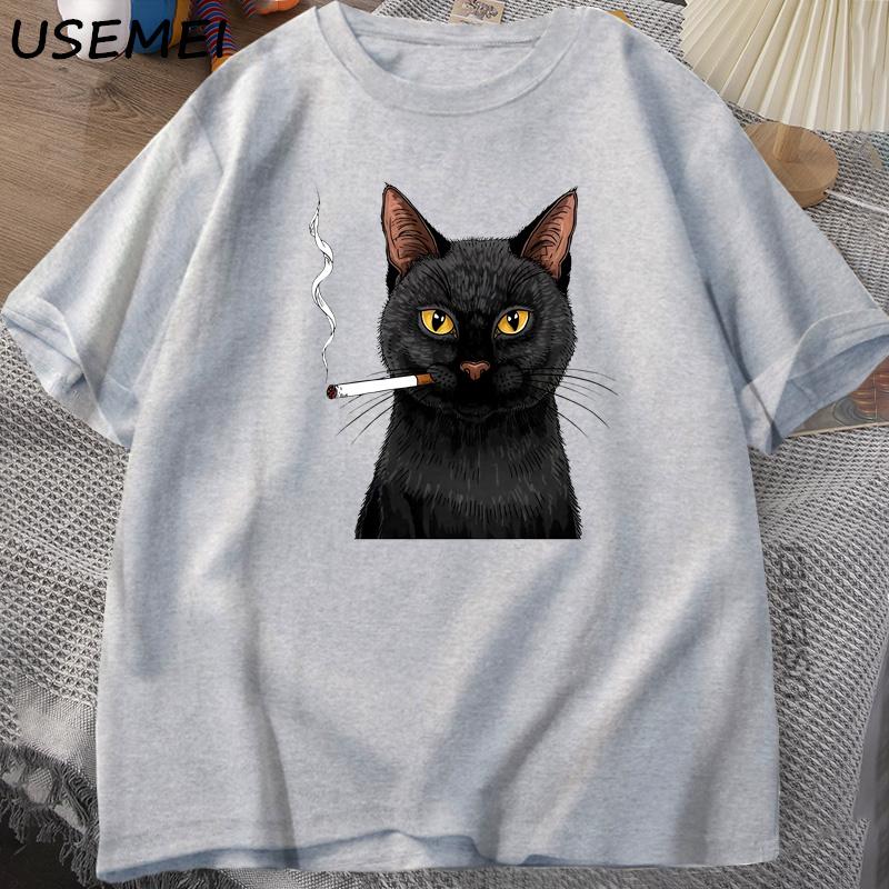 Smoking Cat TShirt Unisex Funny Y2K Vintage Trendy Streetwear Graphic T Shirt Edgy Cat Lover Tshirt Round Neck Short Sleeved Tee