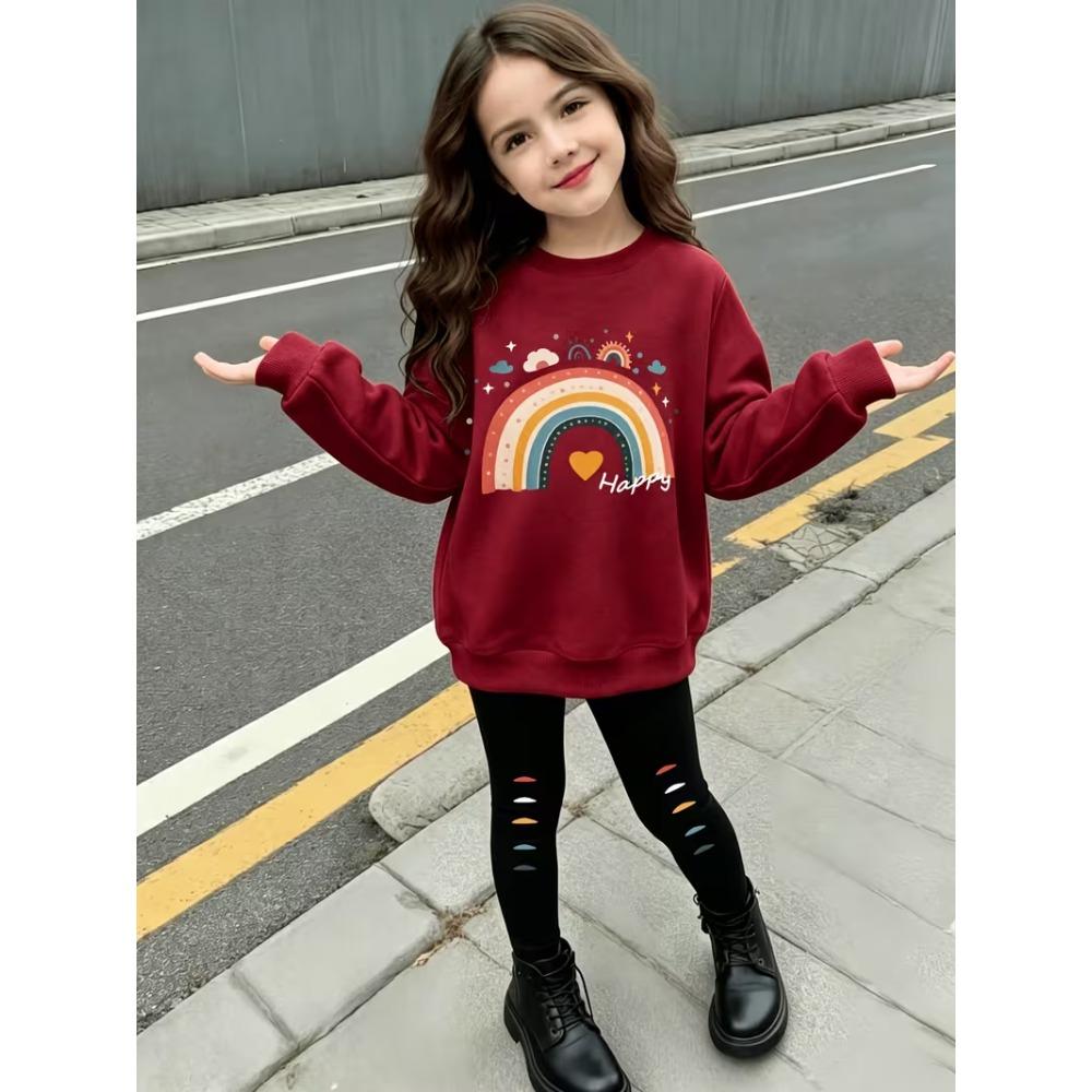 Girls' Rainbow Heart Casual Comfortable Soft Loose Pullover Sweatshirt and Leggings 2-Piece Set, New Autumn/Winter, Playful, Sweet and Cool Style