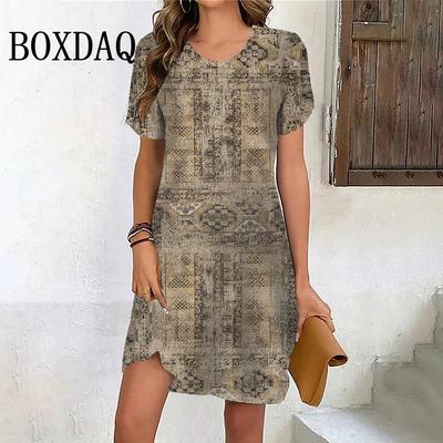 Vintage Pattern Print Dress Summer Women Pullover Short Sleeve Loose Oversized Clothes Casual Retro Female Mini Dress Sundress