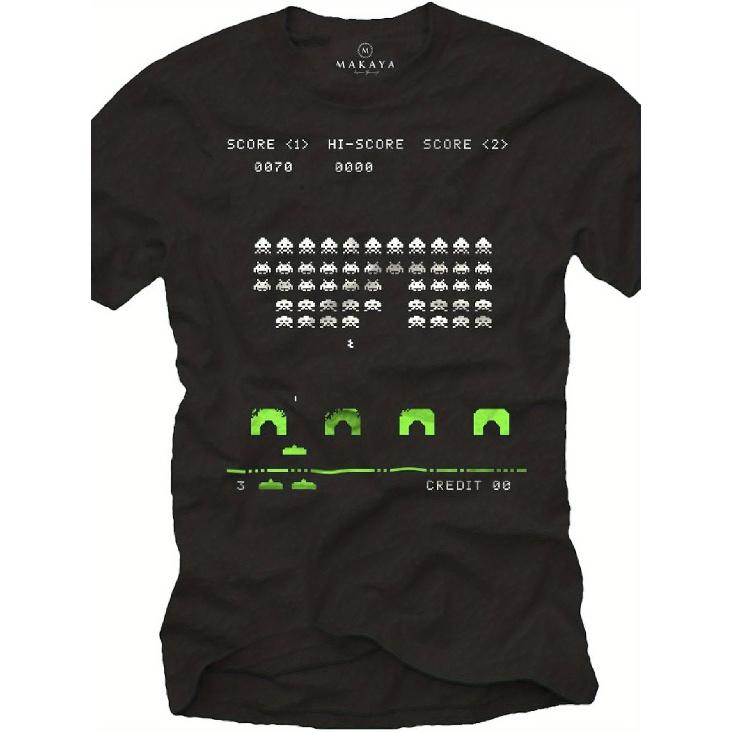 Men S Retro Arcade Space Invaders Graphic T-Shirt - Vintage Gaming Design with Neon Green Aliens & Classic Score Display - Casual Round Neck Short S чёрный