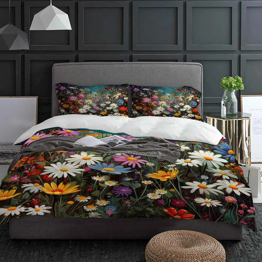 Daisy Flower Butterfly Bushes 3pcs Bedding Set For Double Bed Home Textile Duvet Cover Quilt Cover Pillowcase