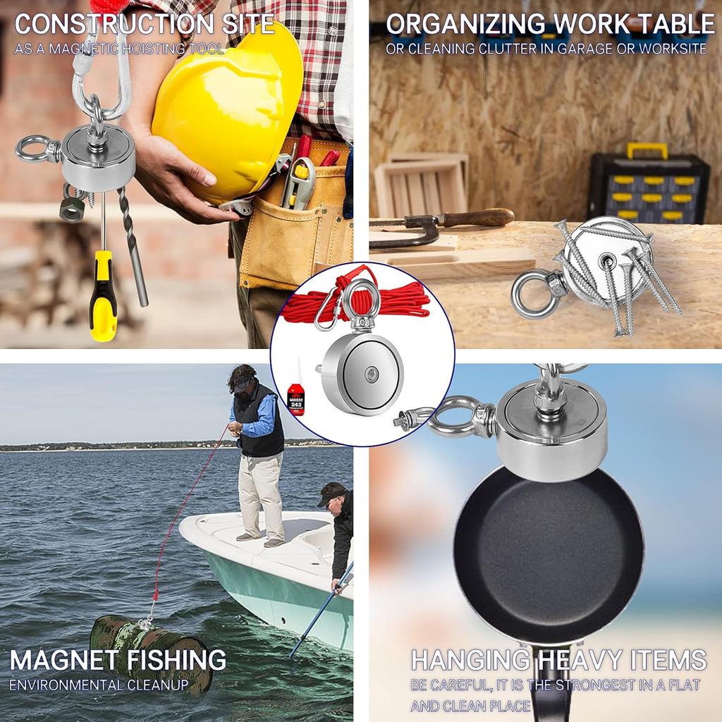 Super Power Salvage Fishing Magnetic 310lb Strong Neodymium Magnet Double Side Search Magnet Hook  M48mm-M60mm Stell Cup Holder