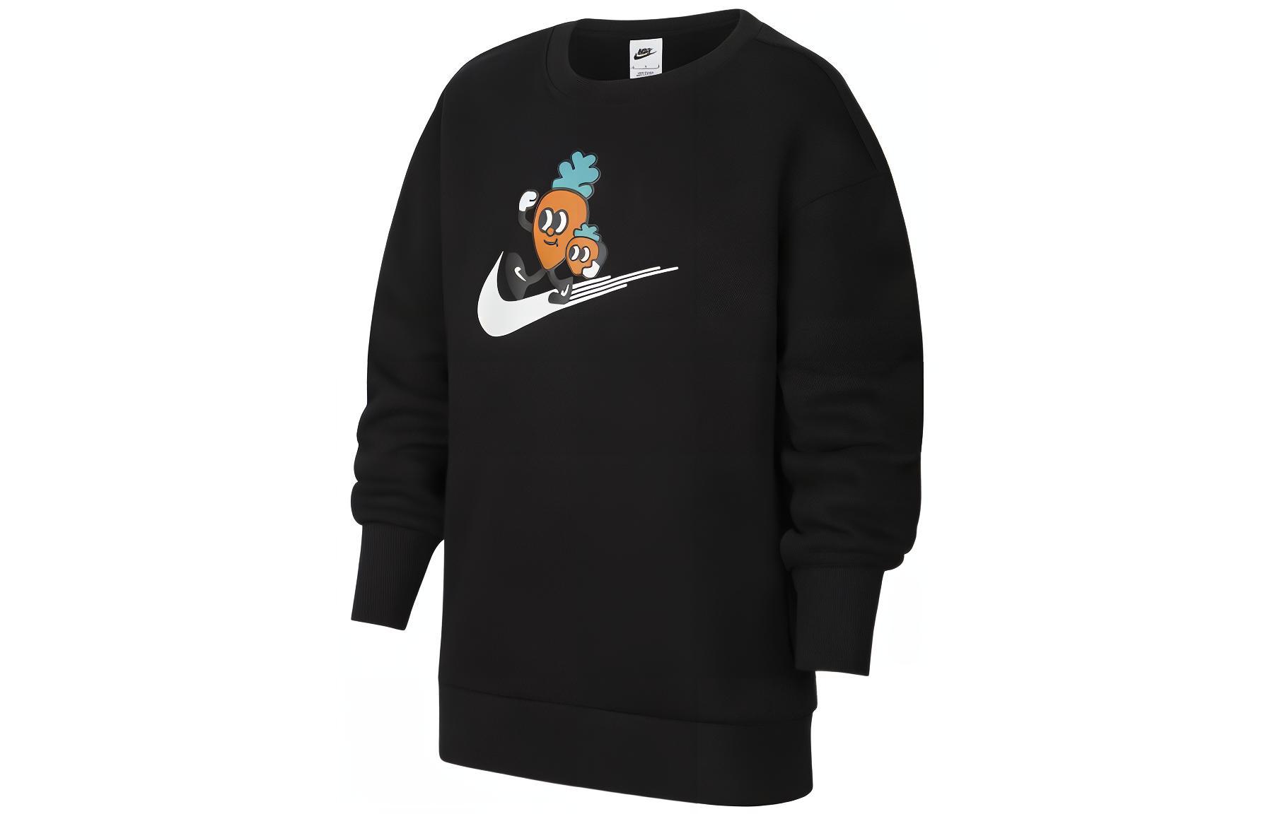 Nike CNY Collection Cartoon Carrot Logo Print Fleece Lined Crew Neck Pullover Sweatshirt Black Kids  FD4074-010 M