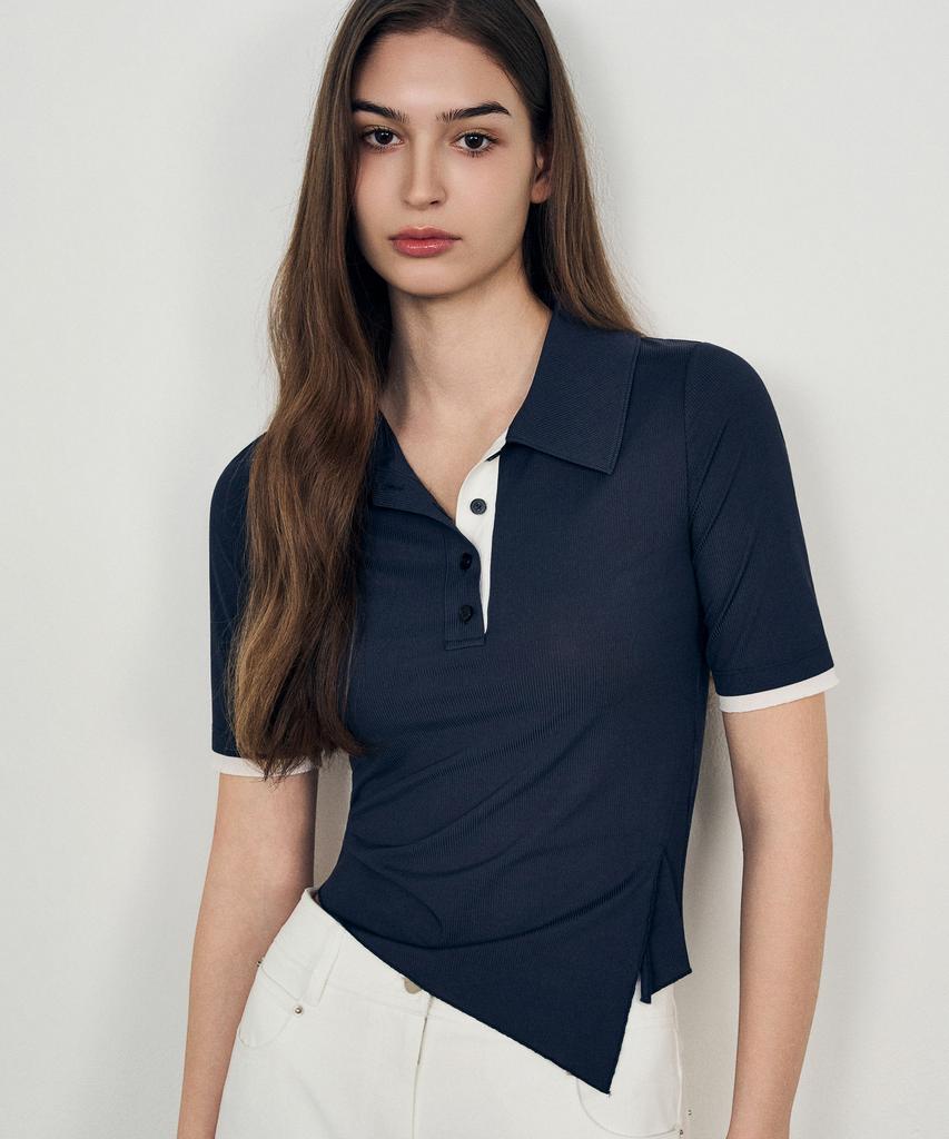 Laneonkyulleoseu Asymmetrical Cutout Collar Short Sleeve Top_Navy