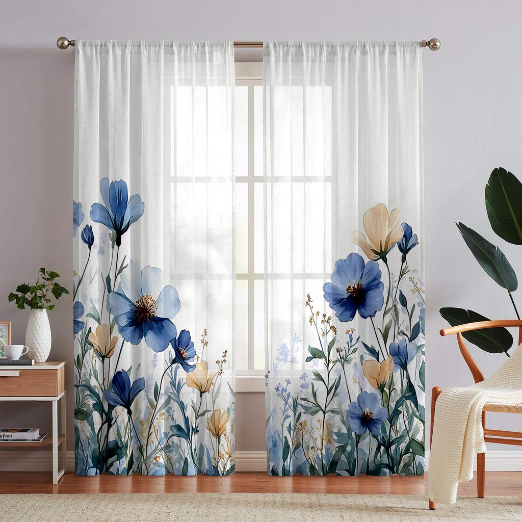 2 Pieces Hd Digital Blue Flowers Printed Window Screen Home Decor Style Decoration Living Room Window Curtain