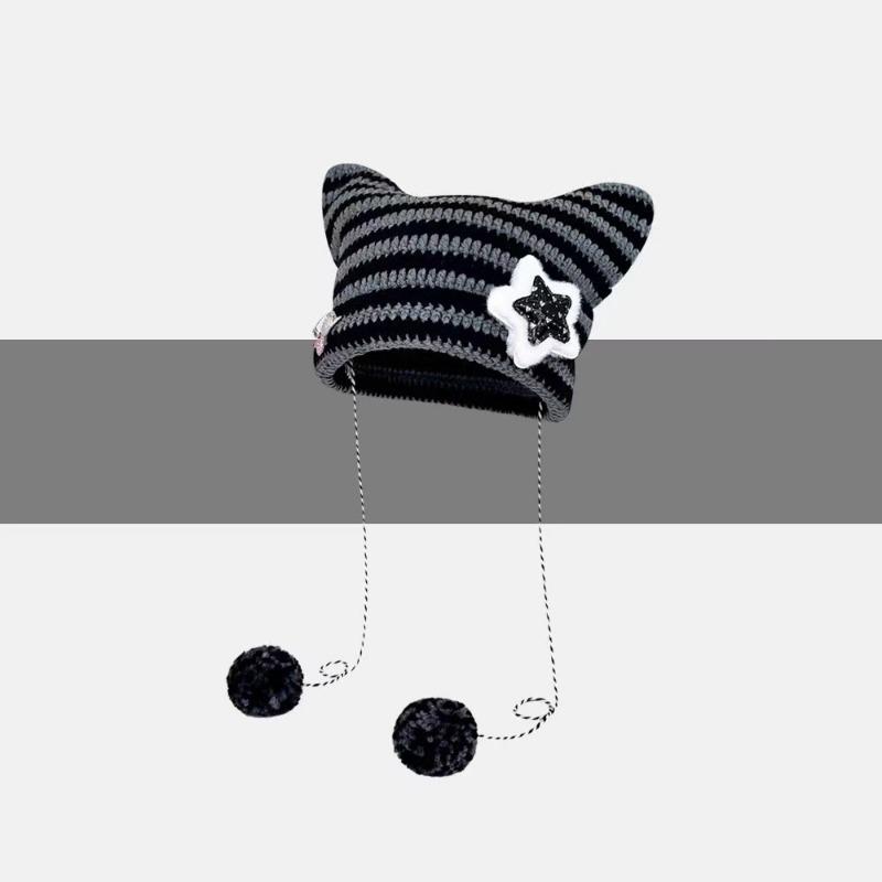 Abbey wind cat ears hat women's autumn and winter yk striped knitted hat cute warm pullover wool hat