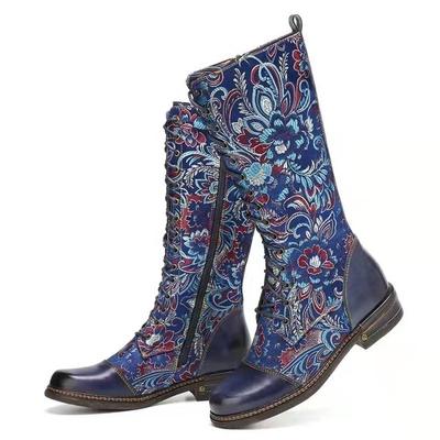 Modische Kniehohe Stiefel für Damen aus weichem Mikrofaser-Leder mit Print, Damenschuhe im Retro-Stil, Plateau, niedriger Absatz, lange Ritterstiefel für Damen