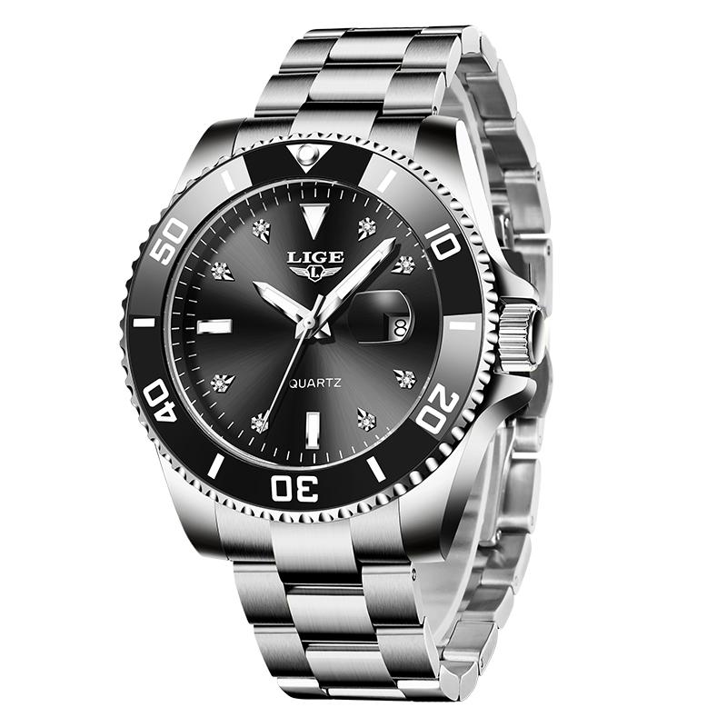 LIGE Luxury Diamond Dial Men s Quartz Wristwatch Fashion Waterproof Luminous Calendar Business Stainless Steel Watches for Men