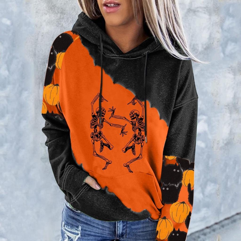 Women's Casual Fashion 2022 Halloween Print Long Sleeve Pullover Hooded Top
