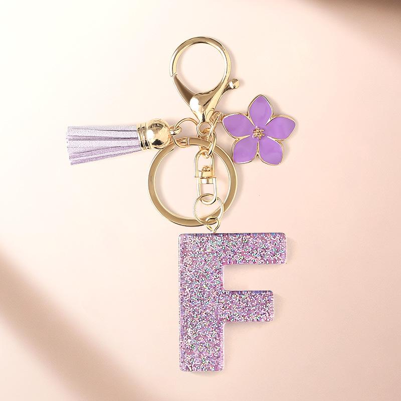 Flash Powder 26 English letters, diy, Resin keychain, purple flower, pendant, bag pendant, keychain, Christmas gift, Stocking stuffers