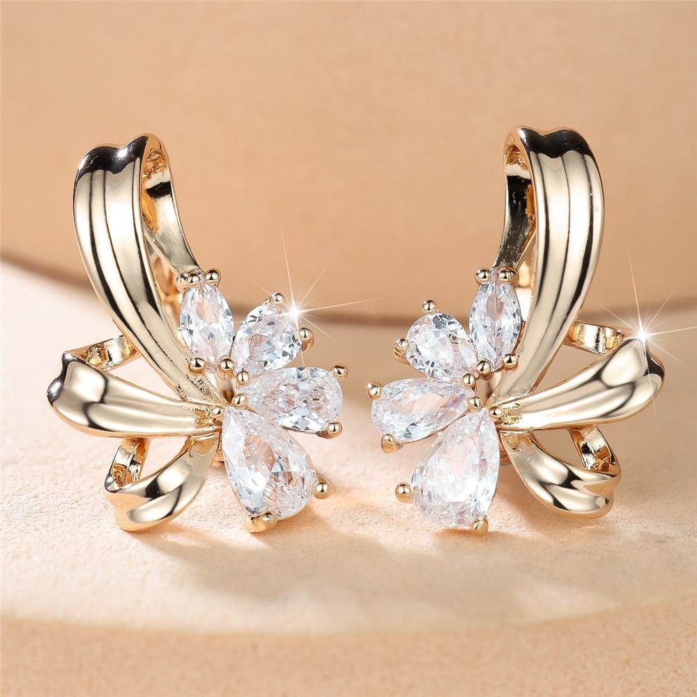 Elegant Female Big Water Drop Pink White Zircon Stone Skeleton Hoop Earrings Trendy Fashion Gold Color Wedding Jewelry For Women