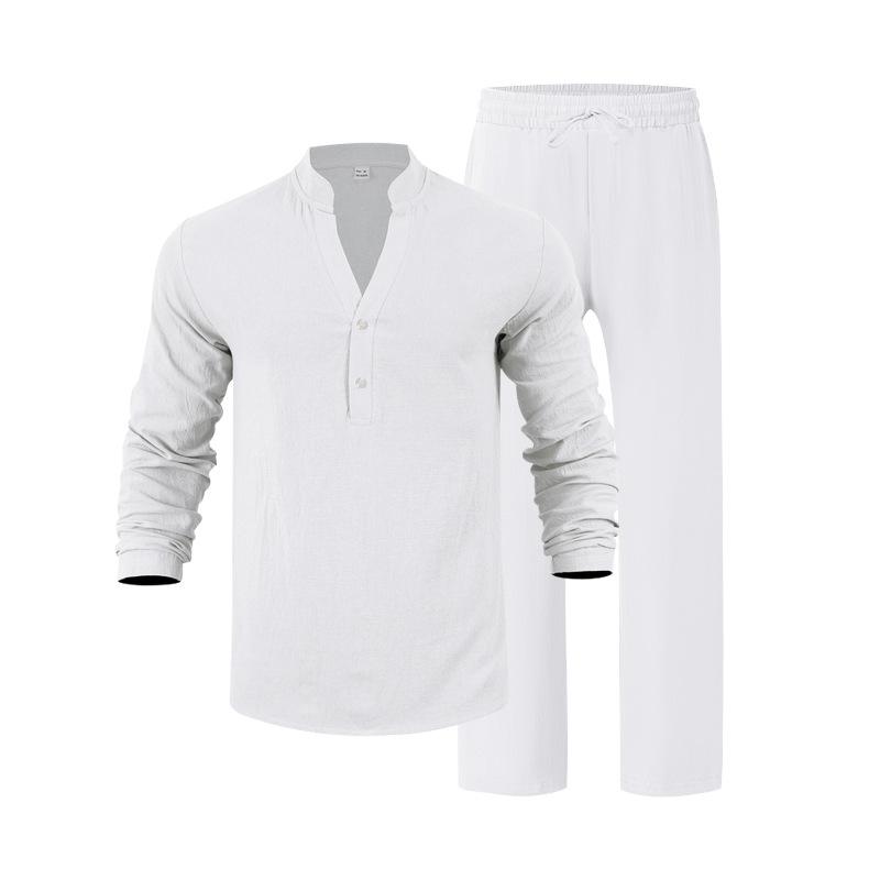 Men Loose Casual Breathable V Neck Long Sleeve Henley Shirt And Long Pants Set