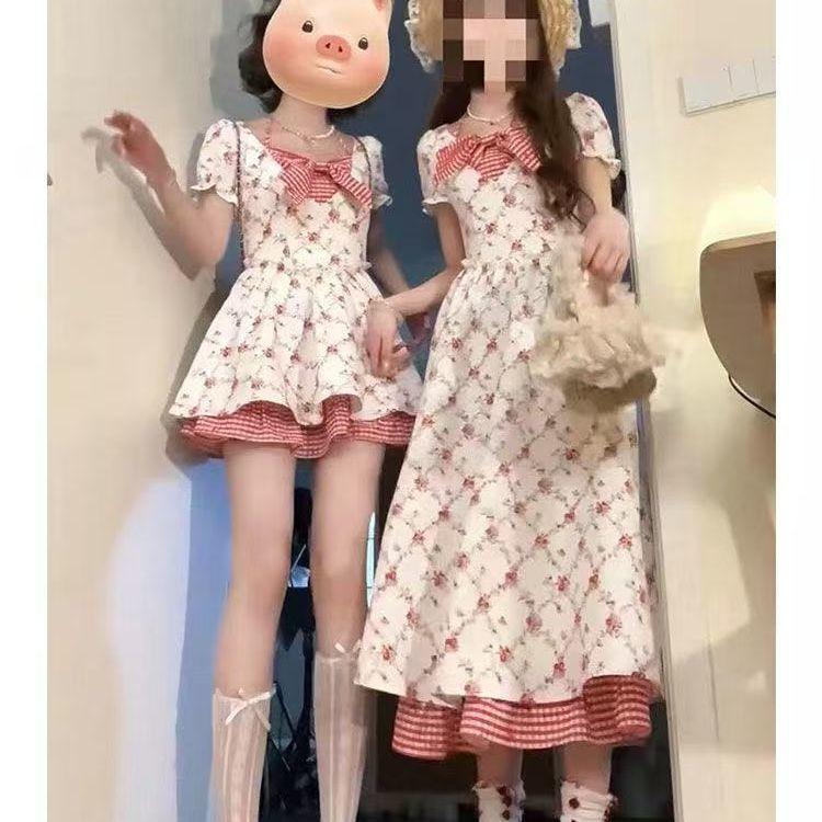 Girls Summer Plaid Spliced Short Sleeve Princess Dress Middle Big Kids Chic Versatile Casual Dress