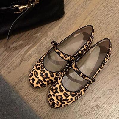 New Leopard Print Horse Hair Buckle Belt Mary Jane Shoes Women's Flat-bottomed Casual Versatile Grandma Shoes Ballet Single Shoes Soft Sole