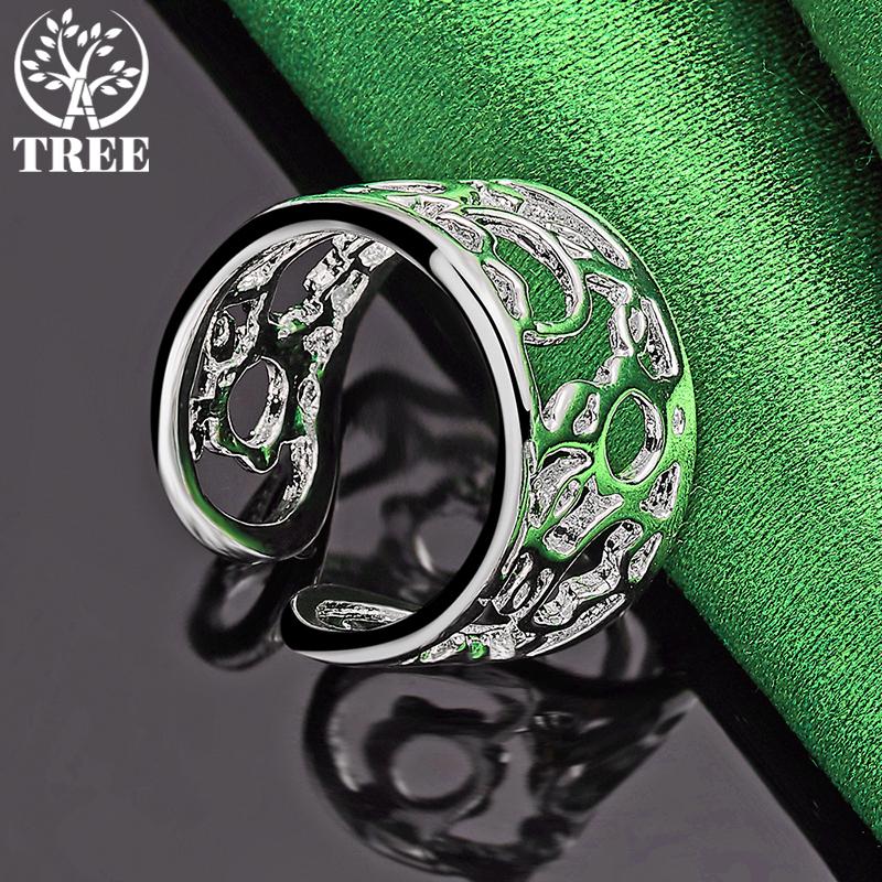 ALITREE 925 Sterling Silver Geometric Hollow Pattern Wide Ring For Women Rings Fashion Party Birthday Christmas Wedding Jewelry