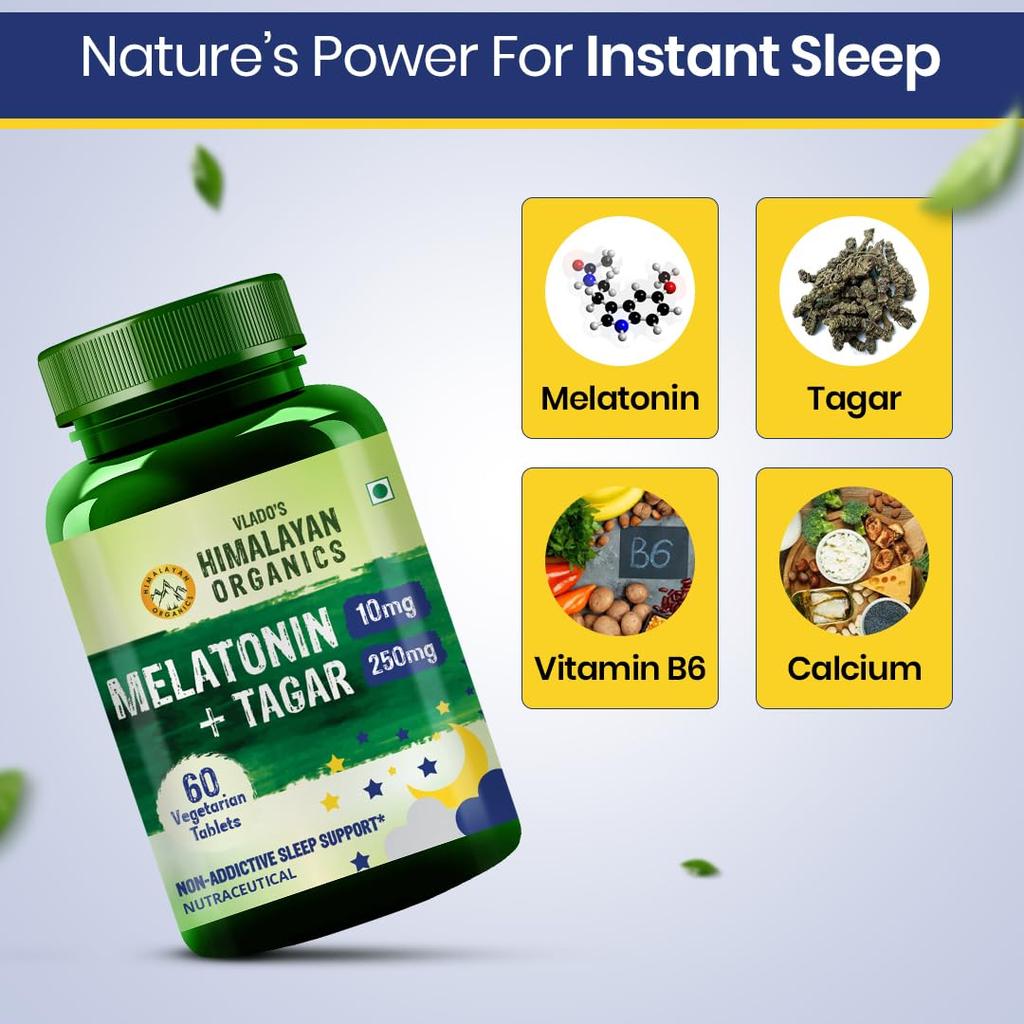 Vlado's Himalayan Organics Melatonin 10 mg + Tagar 250 mg Doplněk stravy s vitamínem B6 a vápníkem 60 tablet Klidný spánek