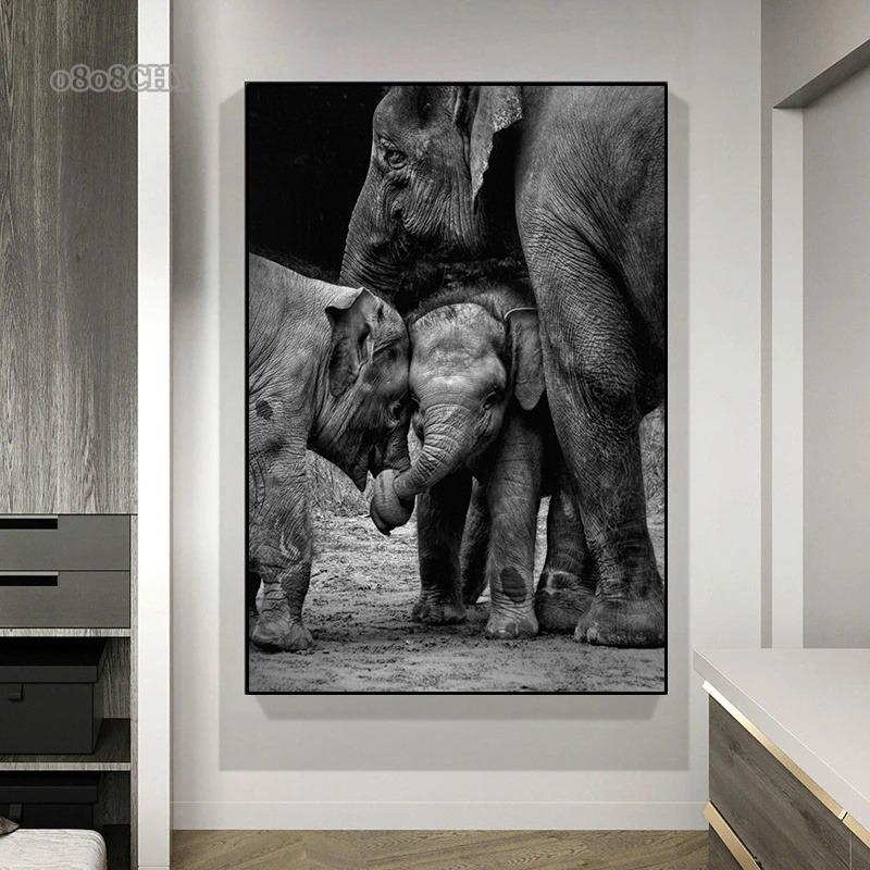 Black and White Animal Elephants Art Canvas Painting Posters and Prints Elephants Family Wall Art Pictures for Living Room Decor