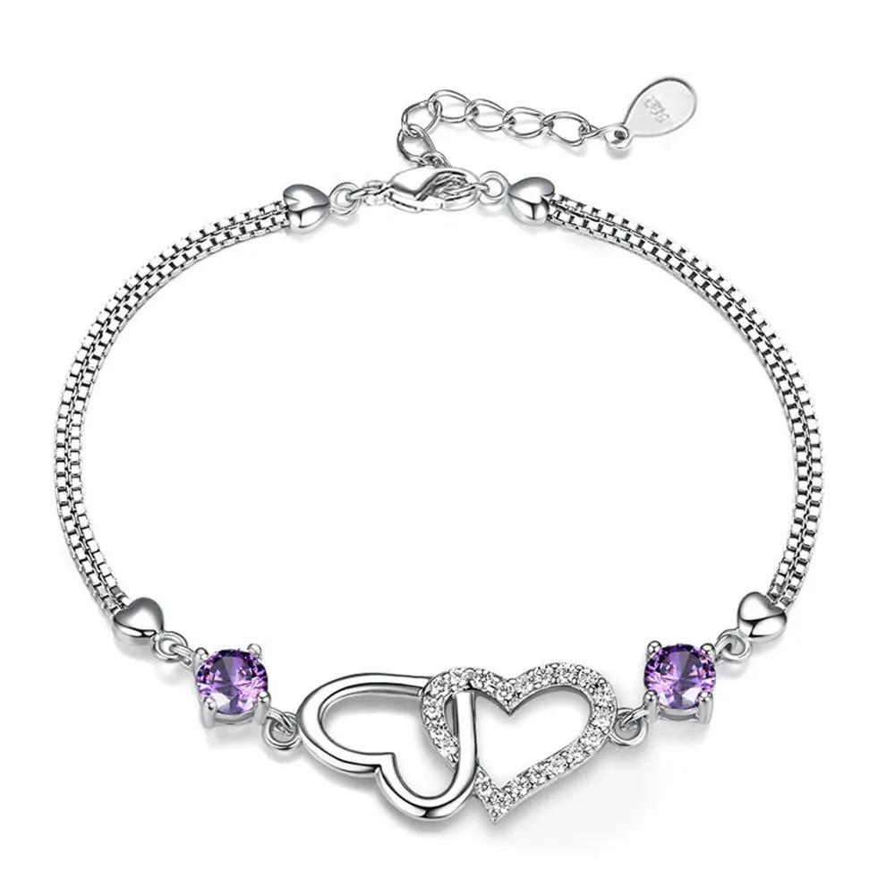 S925 Silver Bracelet Inlaid With Amethyst Embellished With Zircon Heart-Shaped Women's Bracelet Evening Luxury Jewelry