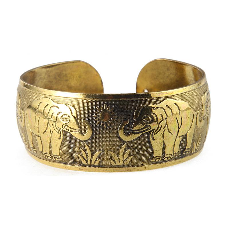 

Bohemian Vintage Tibetan Bronze Metal Carving Flower Elephant Cuff Bracelets Bangles Hand Zircon Gift for Women