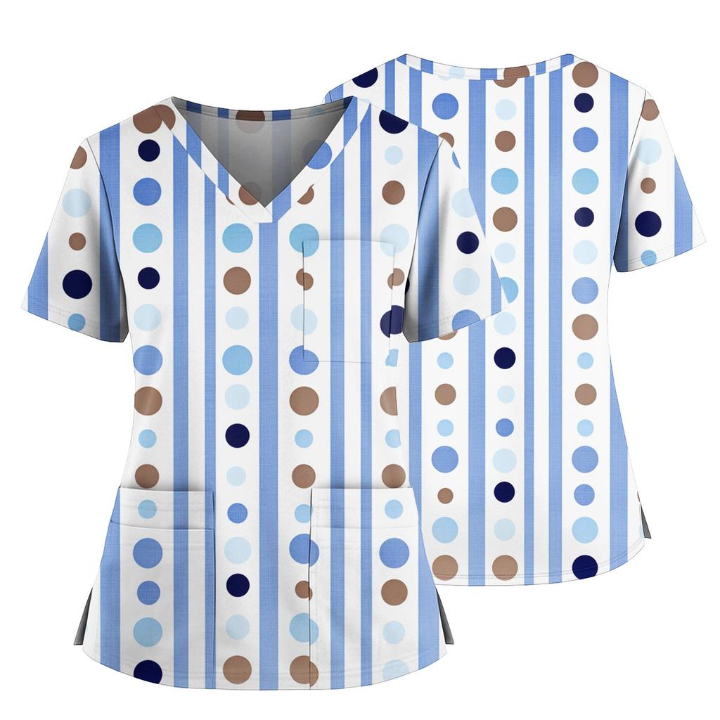 Women's Casual Printed V-Neck Pocket Side Slit Short Sleeved Top Short Sleeved Top