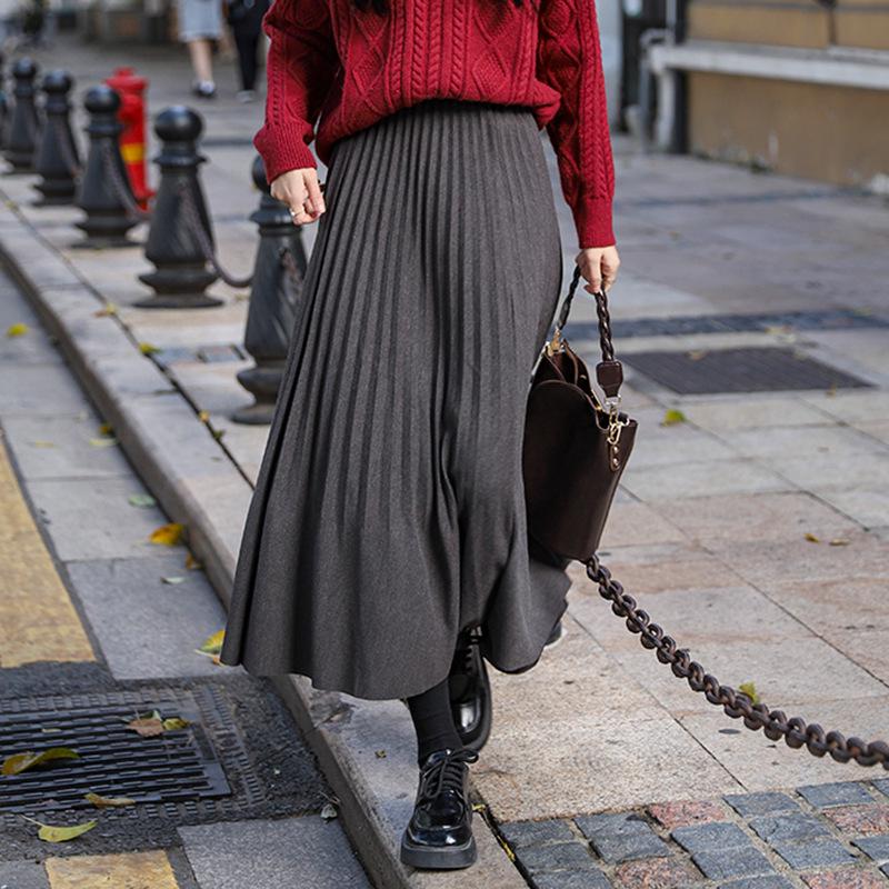 

Feiyuan Elegant High Waist Wool Pleated A-line Midi Skirt for Women Large