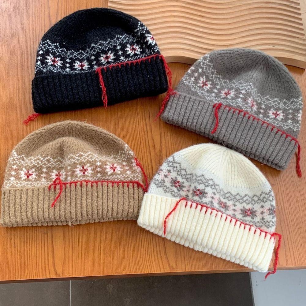 Casual Woolen Knitted Pullover Hat Coldproof Keep Warm Jacquard Woolen Hat Solid Color Ear Protection Beanies Cap Female